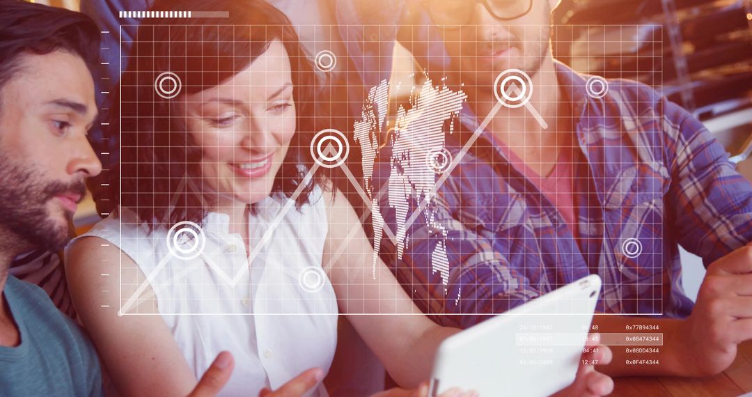 Collaborating colleagues reviewing tablet with augmented reality data overlay and global map