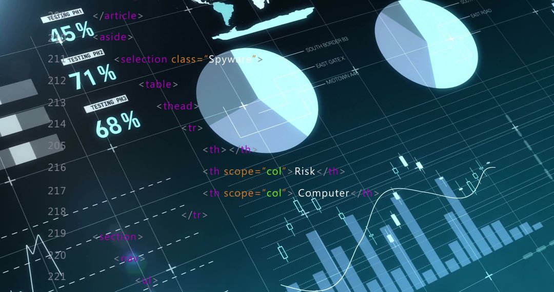 Digital Analytics Dashboard with Blue Pie Chart and Code Overlay