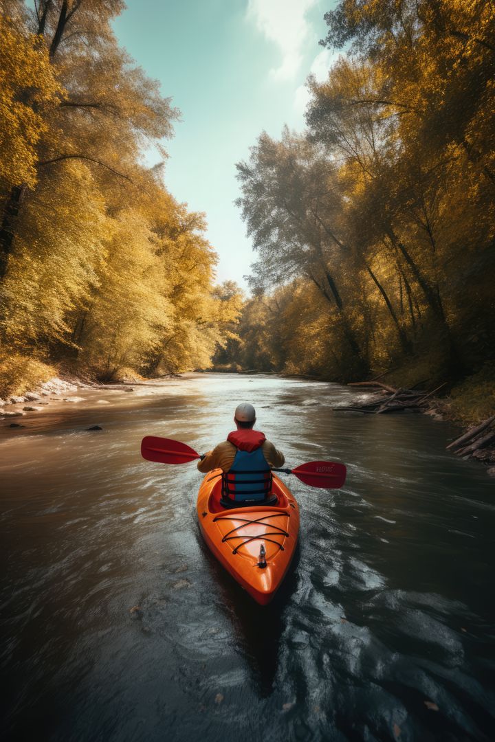 Person Kayaking Down Tranquil River Surrounded by Fall Foliage - Free Images, Stock Photos and Pictures on Pikwizard.com