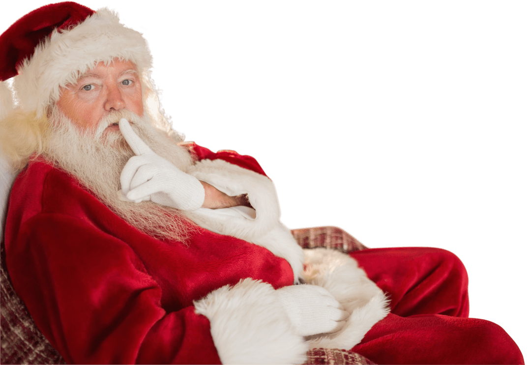 Santa Claus Relaxing on Transparent Background with Finger on Lips
