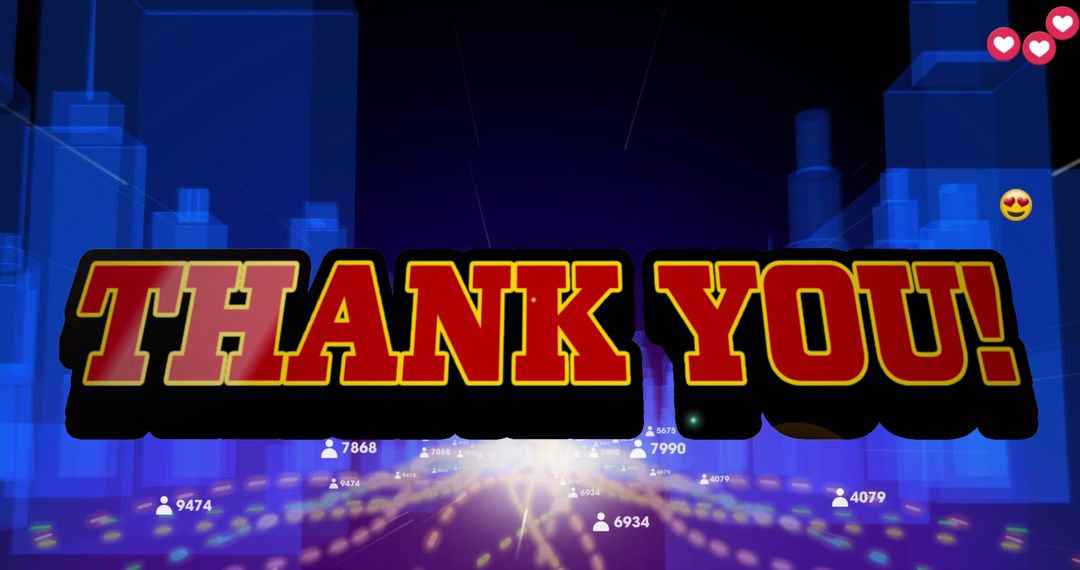 Vibrant Thank You Message with Social Media Icons in Digital Cityscape