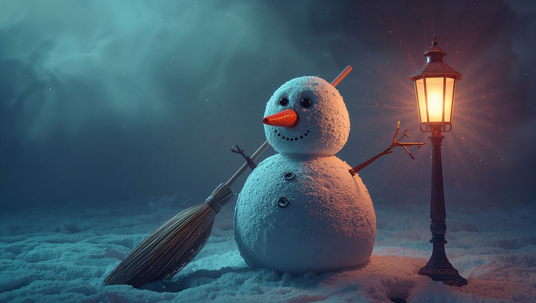 Whimsical Snowman Illuminated by Vintage Street Light