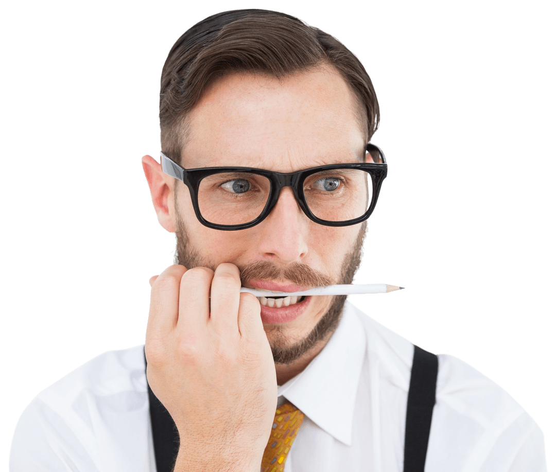 Transparent Geeky Hipster Thinking and Biting Pencil