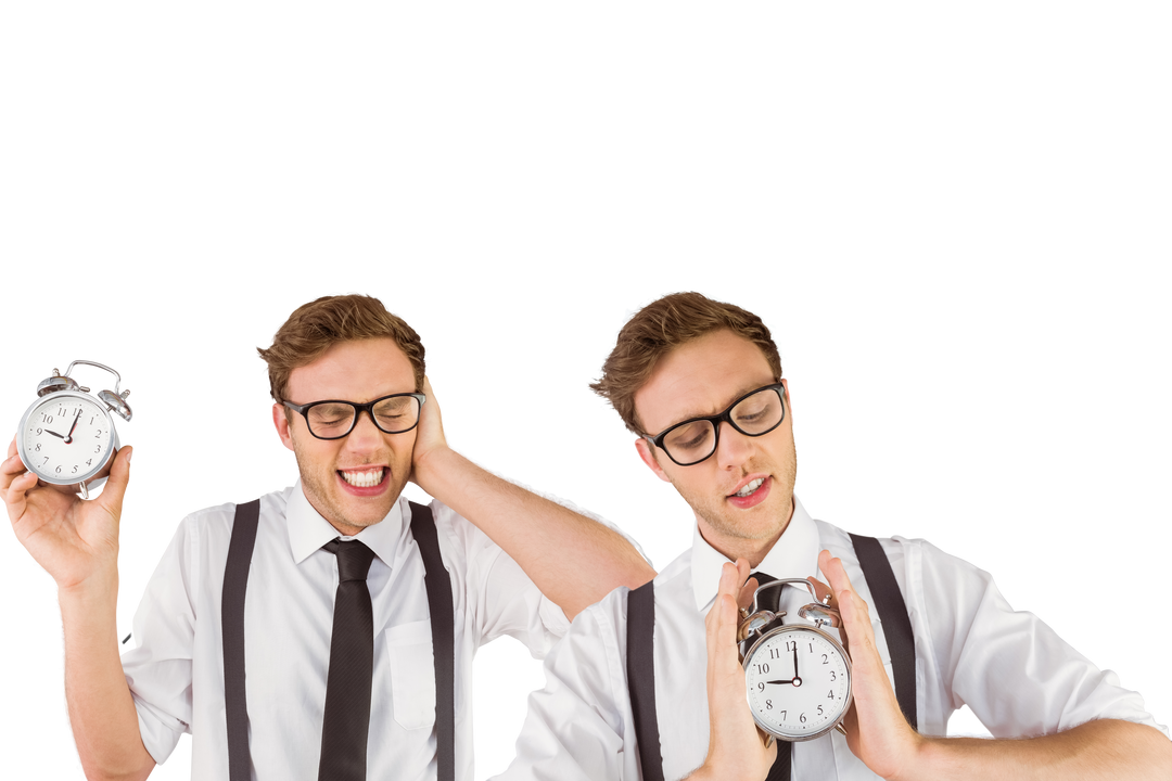 Nerdy Businessman Frustration And Relief With Alarm Clocks Transparent - Download Free Stock Images Pikwizard.com