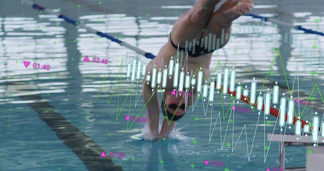 Competitive Swimmer Diving Headfirst into Pool with Financial Candlestick Charts Overlay