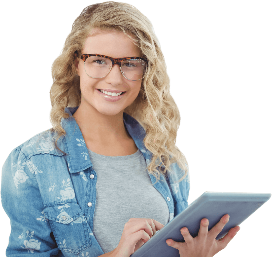 Smiling Woman with Eyeglasses Using Tablet Transparent Background