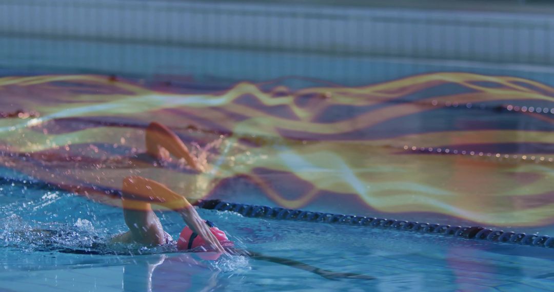 Female Swimmer Executing Backstroke with Vivid Light Trails