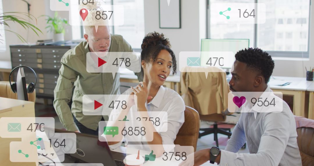 Diverse Team Analyzing Social Media Engagement Notifications