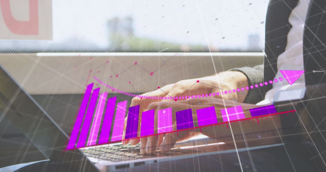 Businessman Analyzing Financial Data on Laptop with Digital Graph Overlay