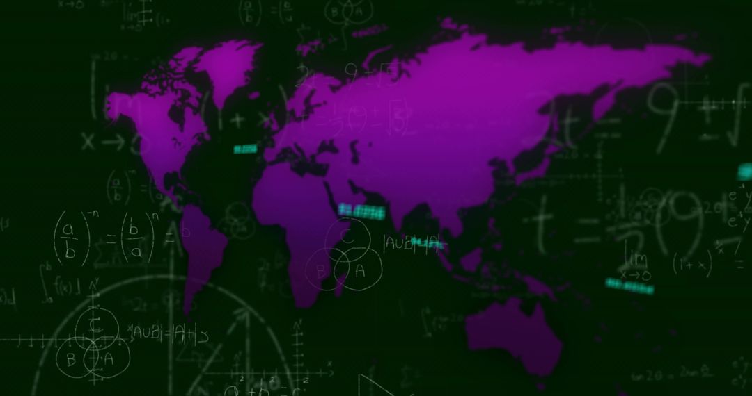 Purple World Map on Dark Green Data Screen with Chalk Formulas