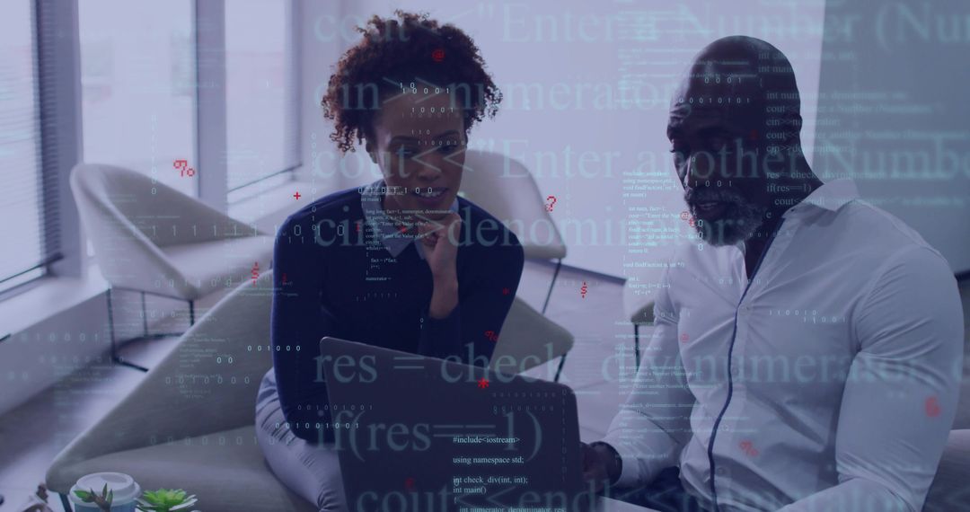 Team Discussing Code in Modern Office with Tech Overlay