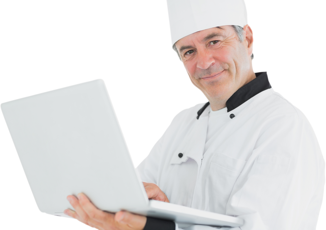 Stylish Chef Smiling with Laptop on Transparent Background - Download Free Stock Images Pikwizard.com