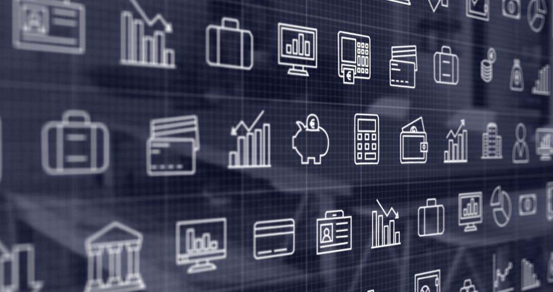 Digital Business Finance Icons on Office Background