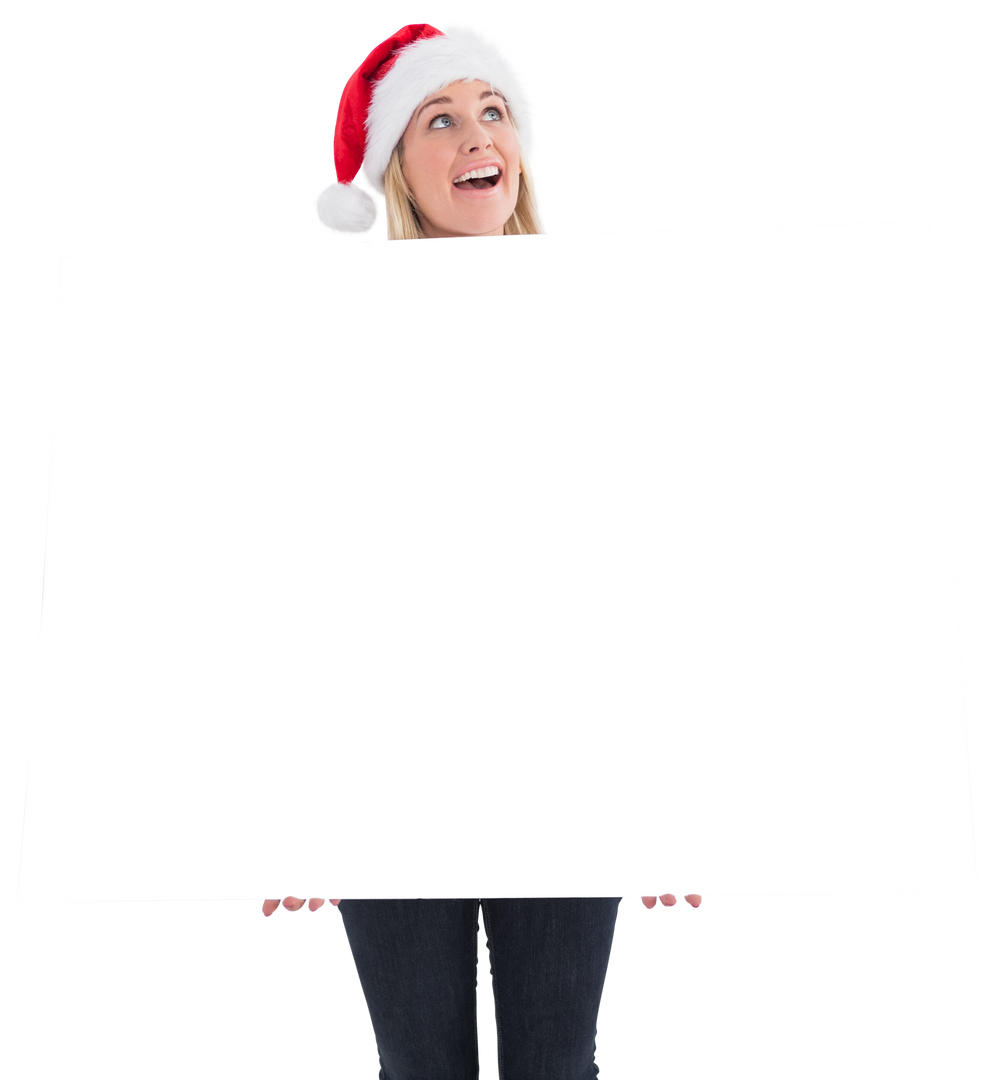 Festive Blonde Woman with Santa Hat Holding Transparent Blank Poster - Download Free Stock Images Pikwizard.com