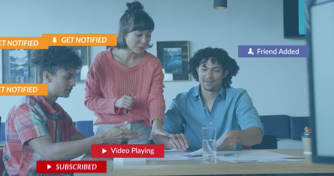 Diverse Team Collaborating with Digital Media Interface Layers