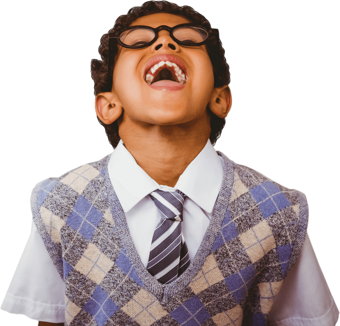 Laughing Biracial Schoolboy in An Argyle Sweater on Transparent Background