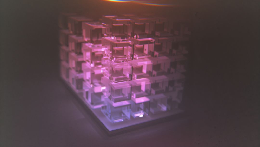 Futuristic Glowing Cubic Sculpture in Dark Studio