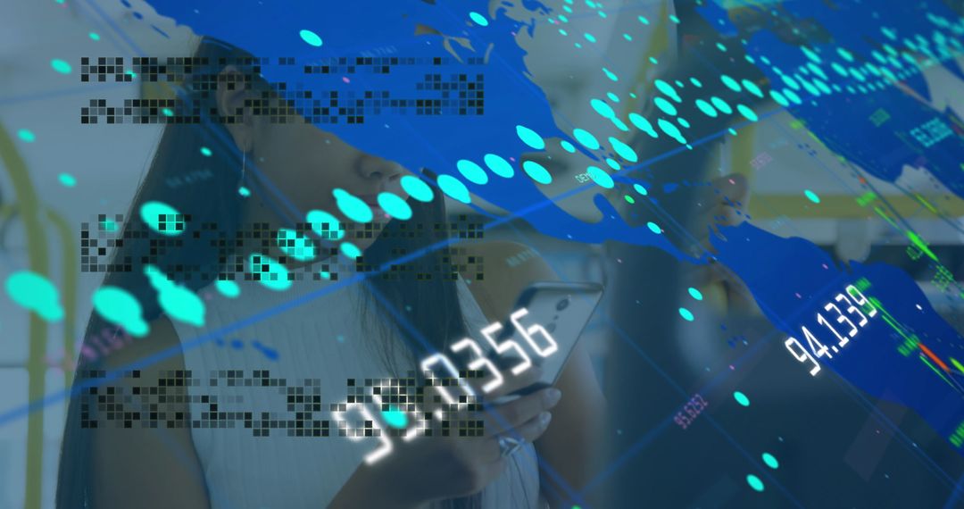 Woman Analyzing Data on Smartphone with Futuristic Overlay