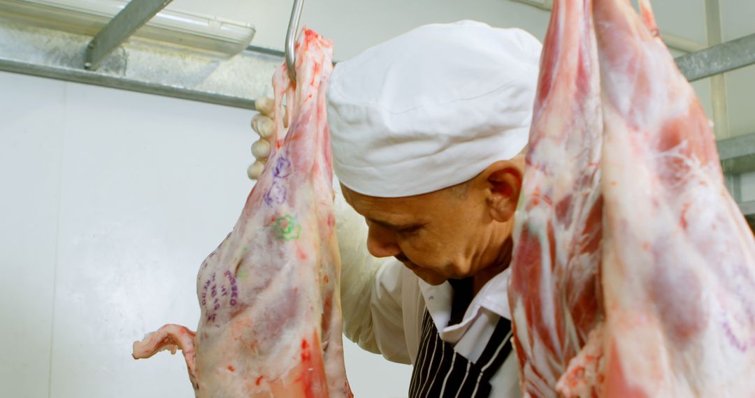 Butcher Inspecting Fresh Carcass in Butchery - Free Images, Stock Photos and Pictures on Pikwizard.com