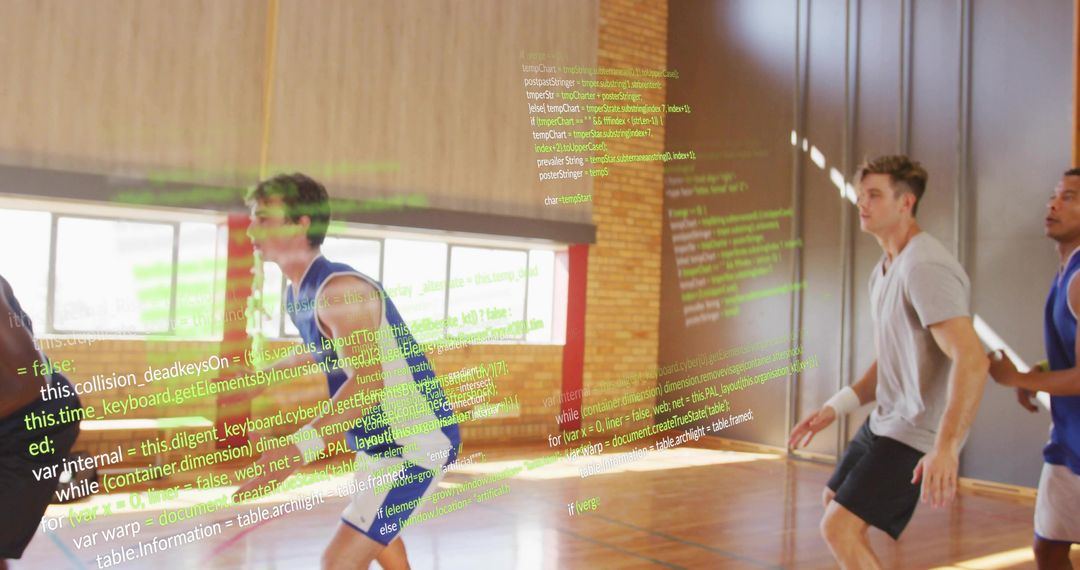 High-energy basketball players sprinting on hardwood court with green code projection