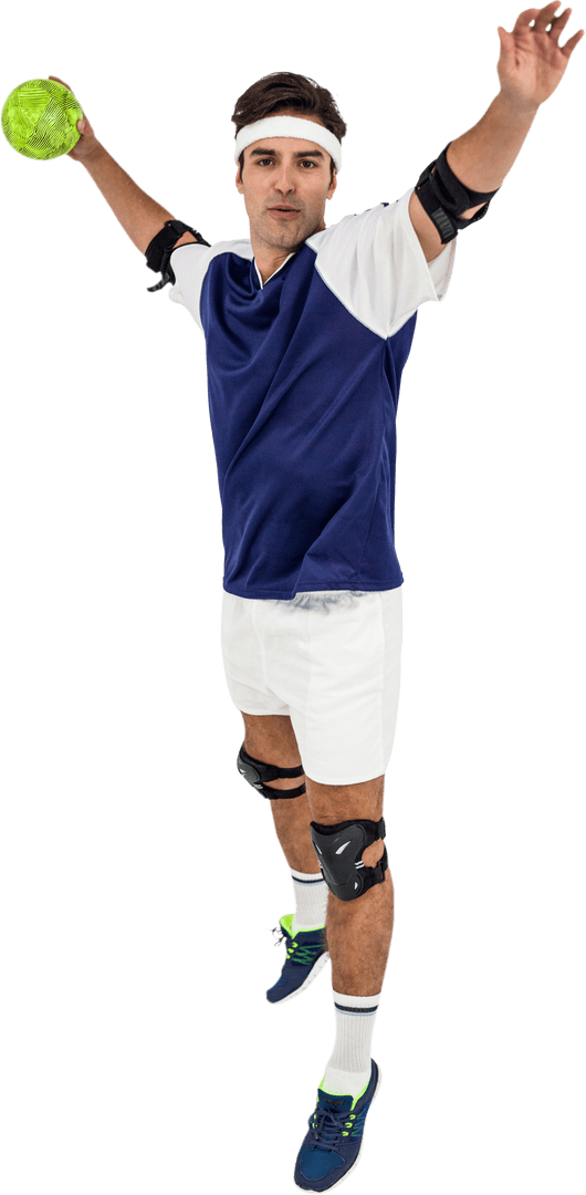Focused Handball Player in Motion with Ball on Transparent Background