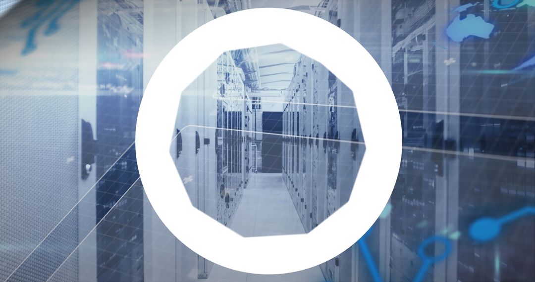 Digital Interface in Modern Server Room with Data Overlay