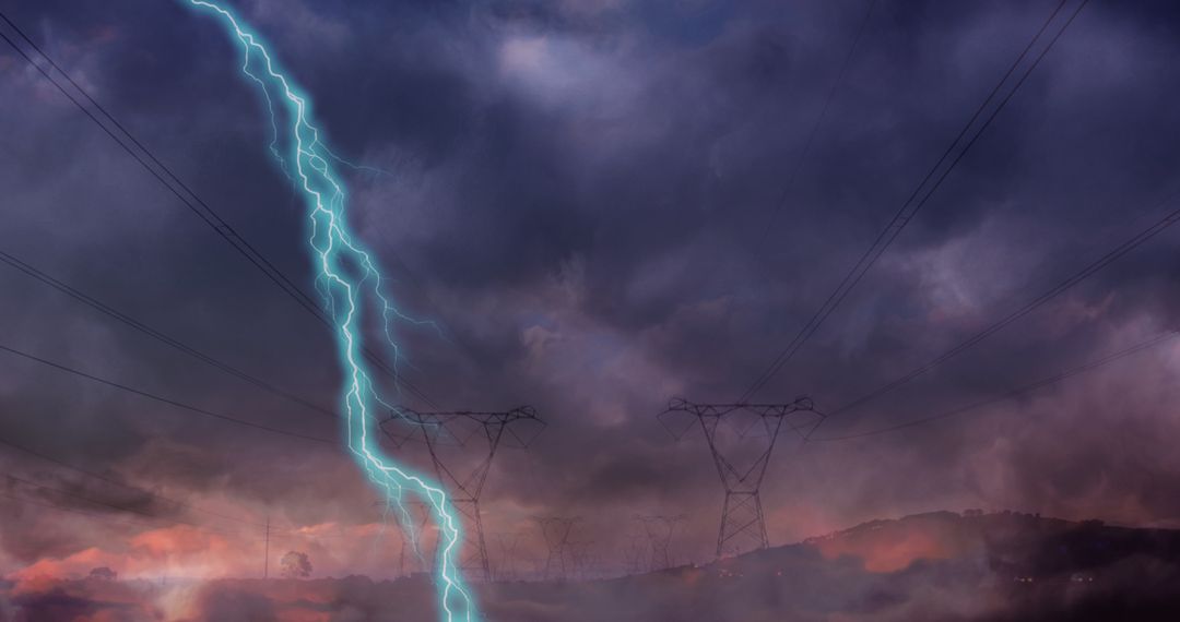 Dramatic Lightning Over Electric Pylons with Ominous Skies