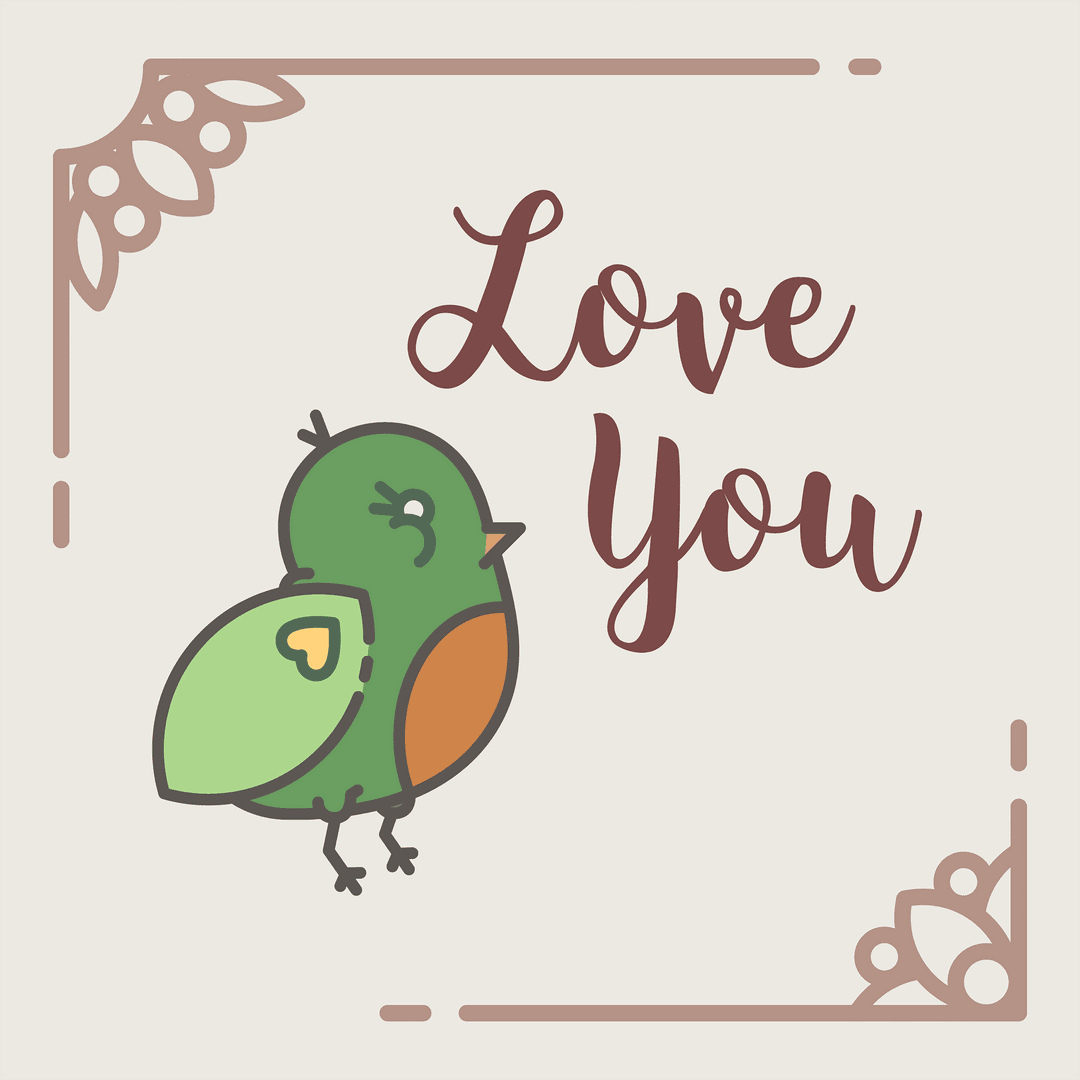 Transparent Love You Text with Green Bird Illustration