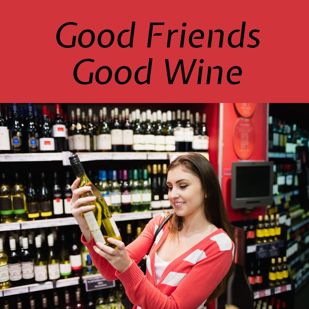 Young Woman Selecting Wine in Store with 'Good Friends Good Wine' Overlay - Download Free Stock Templates Pikwizard.com