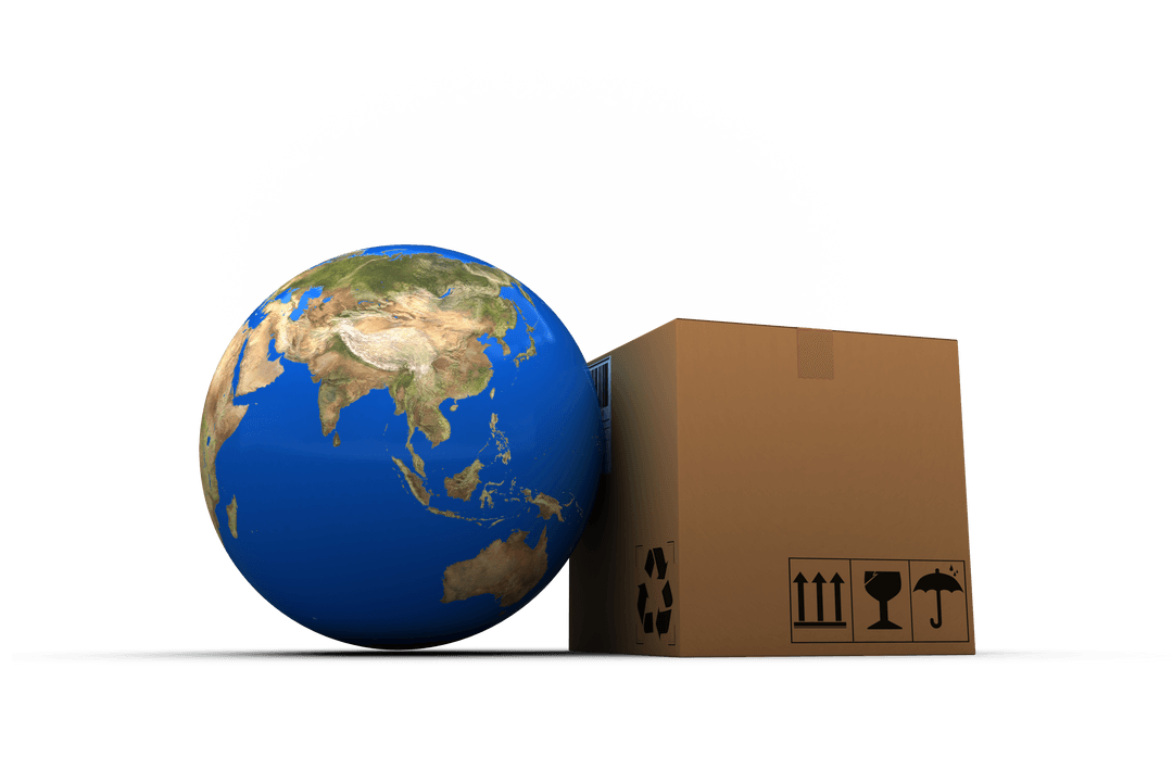 Transparent 3D Illustration of Globe with Parcel Box for Global Trade