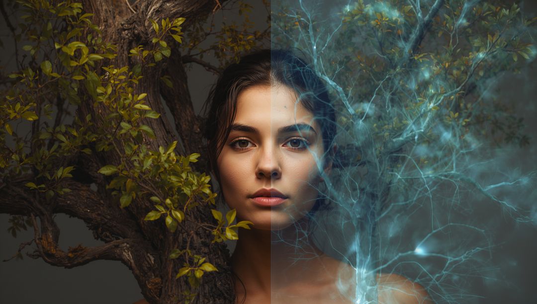Woman Merging with Tree and Neural Glow Split Portrait Showing Nature-Tech Duality Surreal