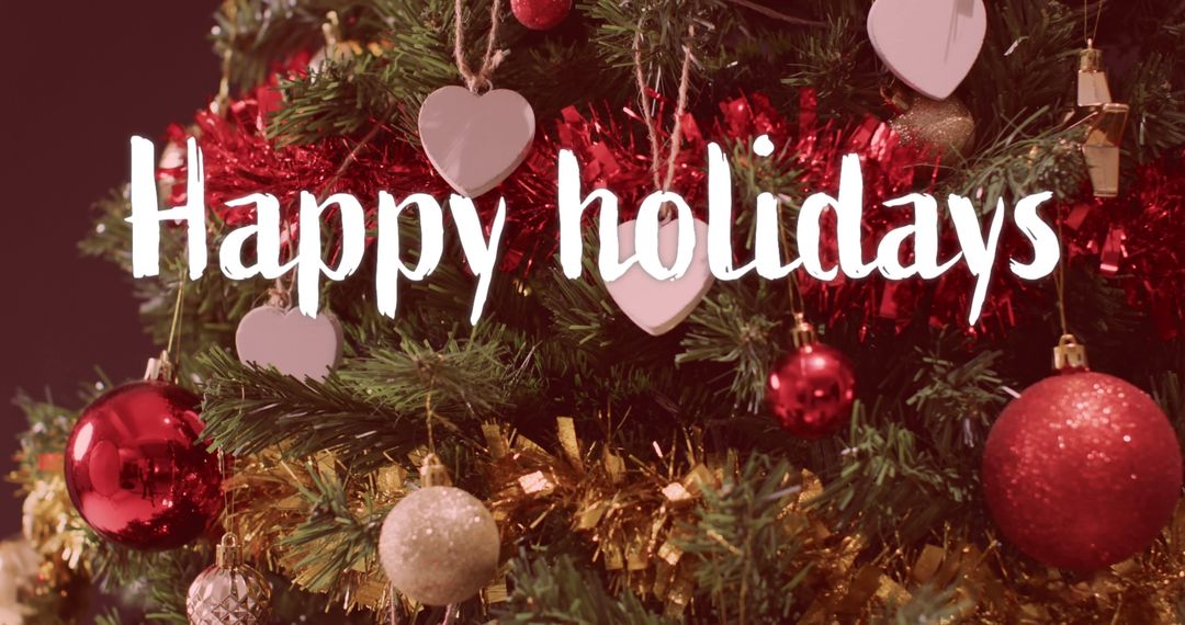 Christmas Tree with Festive Decorations and Happy Holidays Greeting