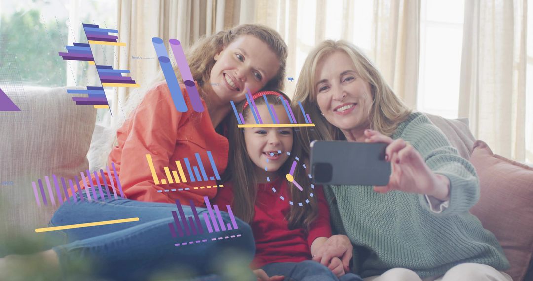 Multigenerational family taking selfie with smartphone showing AR overlays on couch