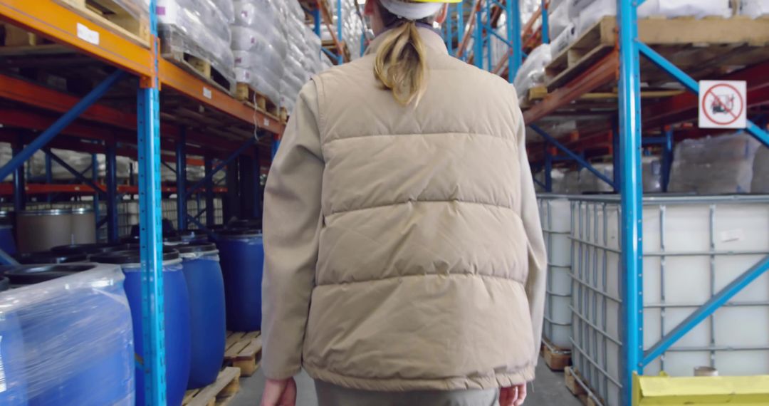 Warehouse Worker Walking Through Industrial Aisles