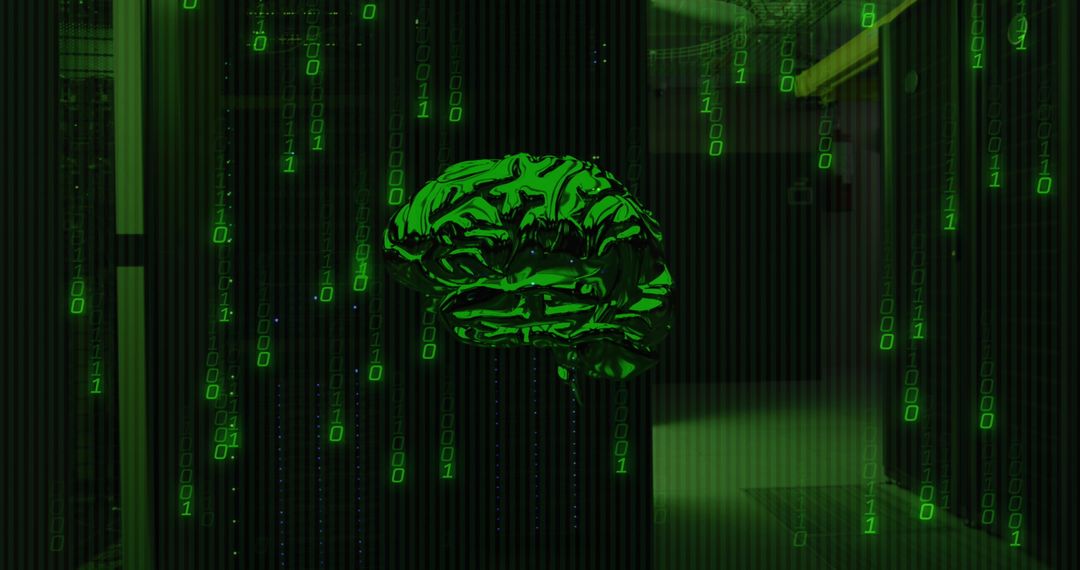 Digital Brain and Data Streams in High-Tech Server Room