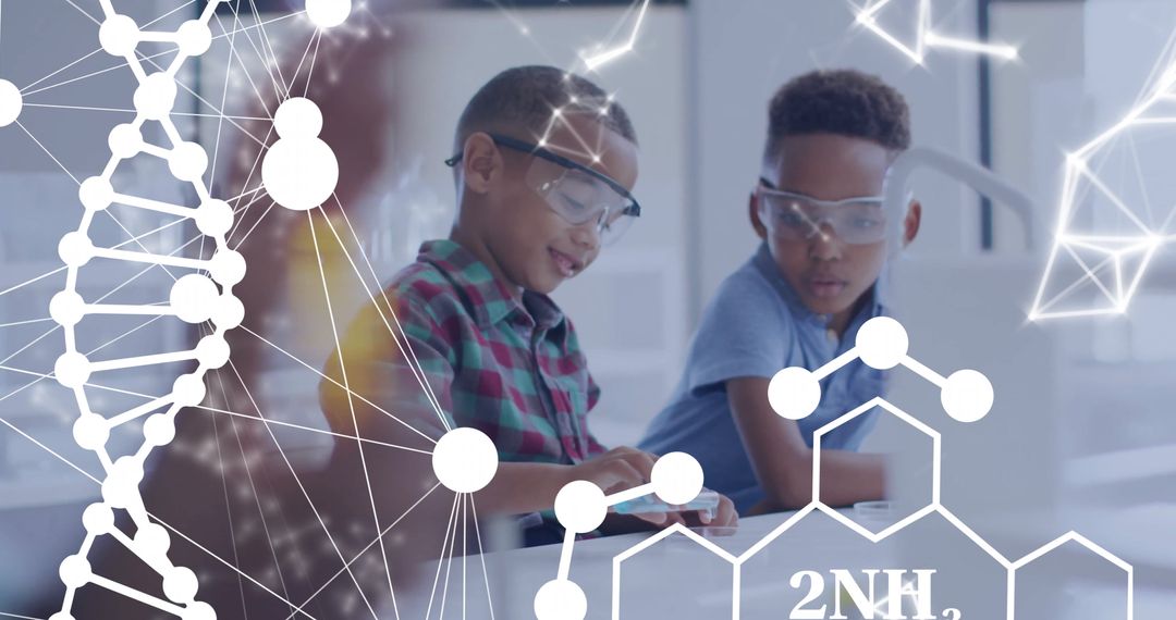 Diverse Children Experimenting in Science Laboratory with Chemical Formulas Overlay