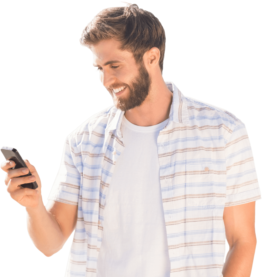 Caucasian Man Using Smartphone on Transparent Background, Isolated