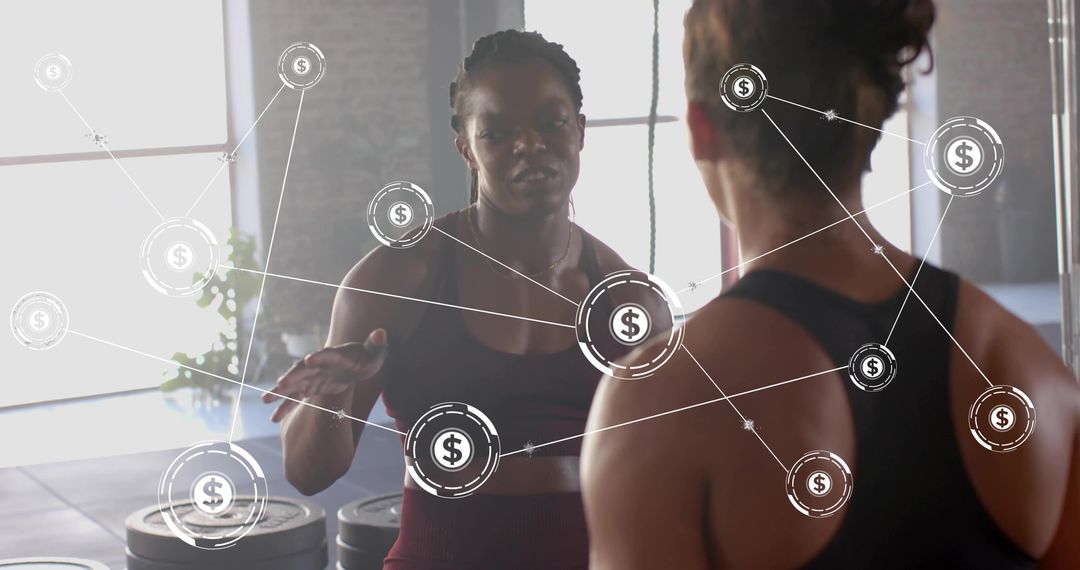 Fitness Coach Guiding Client in Gym with Financial Network Overlay for Revenue Growth