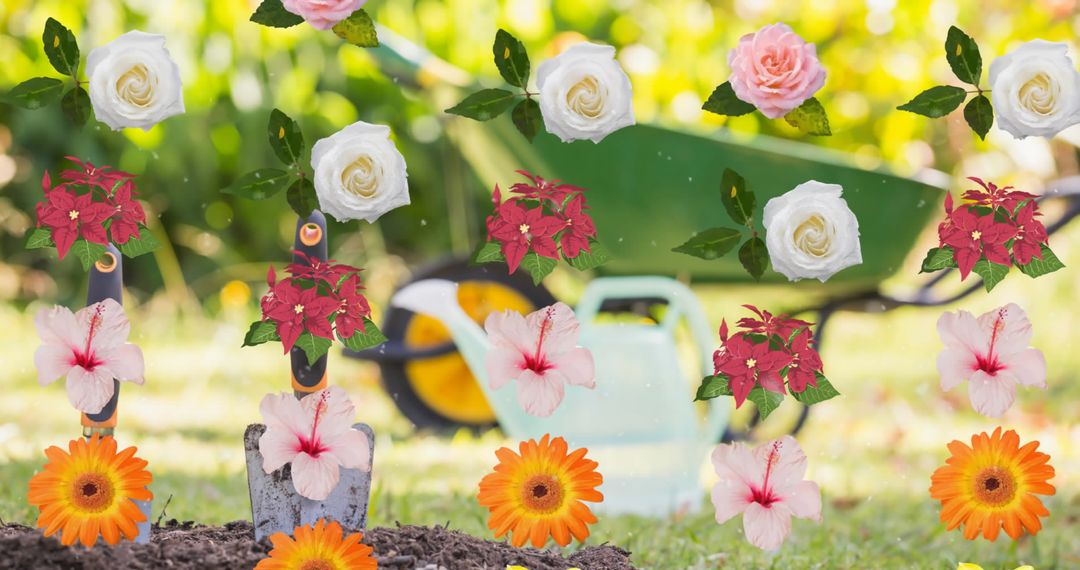 Colorful Floating Flower Icons in Garden Background