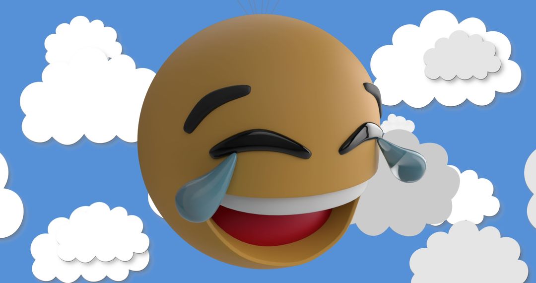 Smiling Laughing Emoji with Clouds and Blue Background