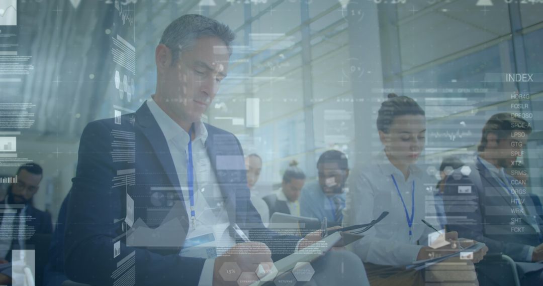 Business Conference with Futuristic Data Overlay