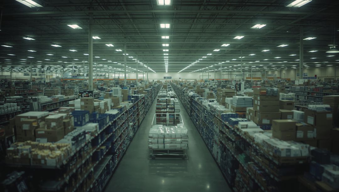 Showing wrapped pallet on cart centered in expansive warehouse aisle with long shelving