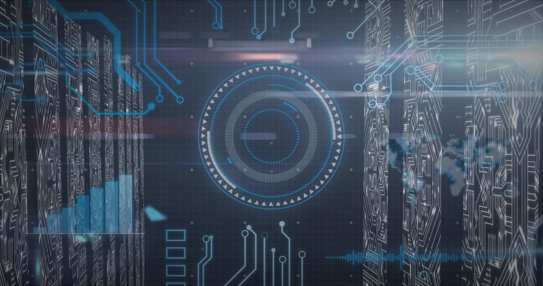 Futuristic Digital Interface with Circuit Graphics and Data