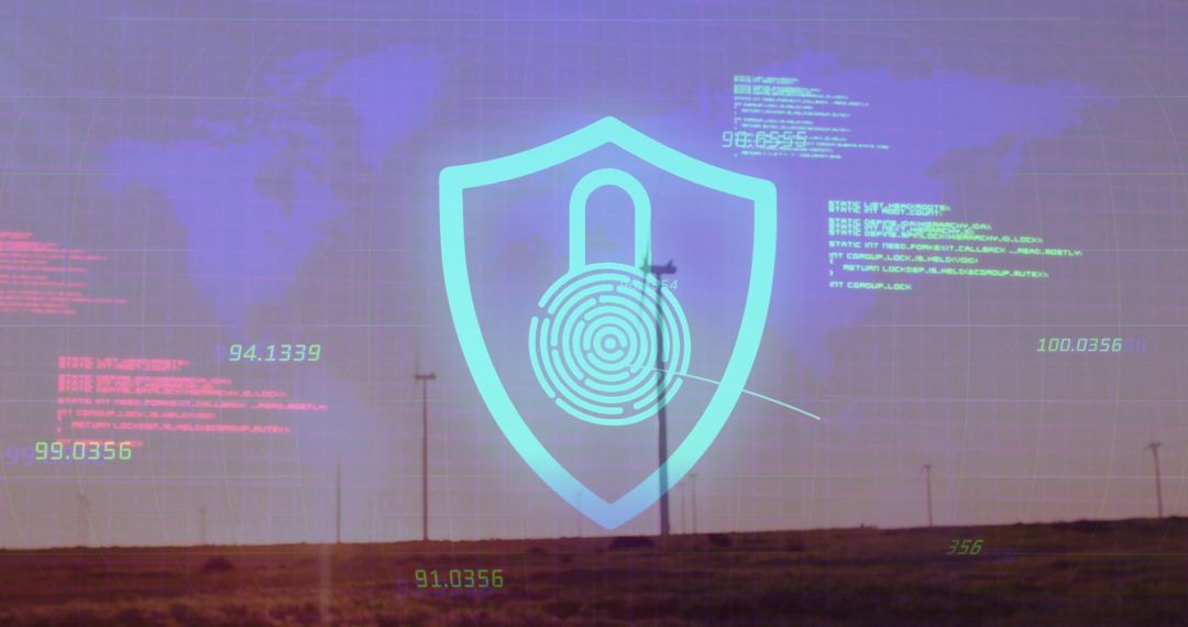 Digital Shield with Lock and Code Overlay on Twilight Landscape
