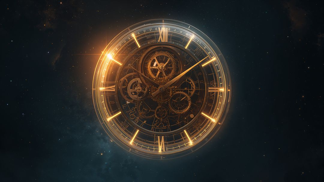 Glowing Steampunk Clock in Cosmic Space with Luminous Gears