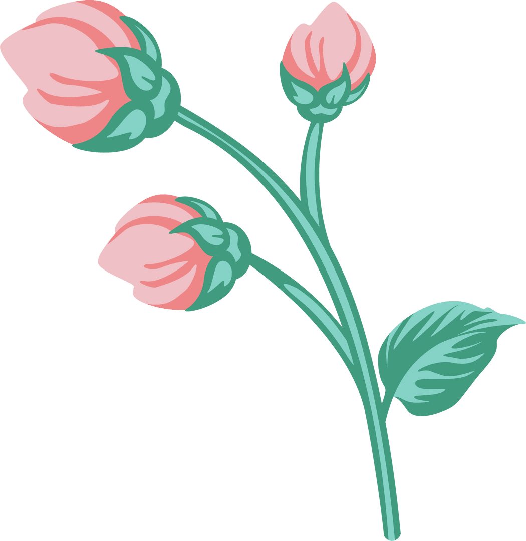 Transparent Botanical Design with Pink Buds and Green Leaf