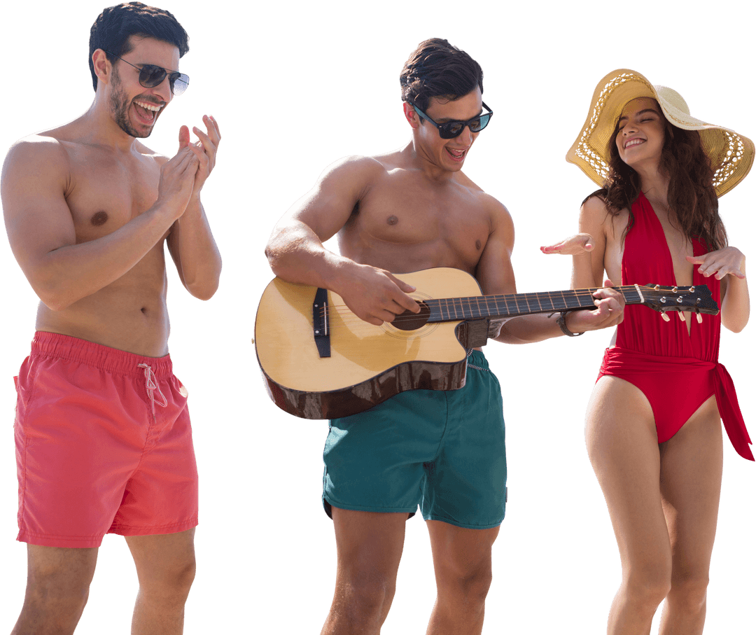 Smiling Friends Enjoying Summer Beach Music on Transparent Background