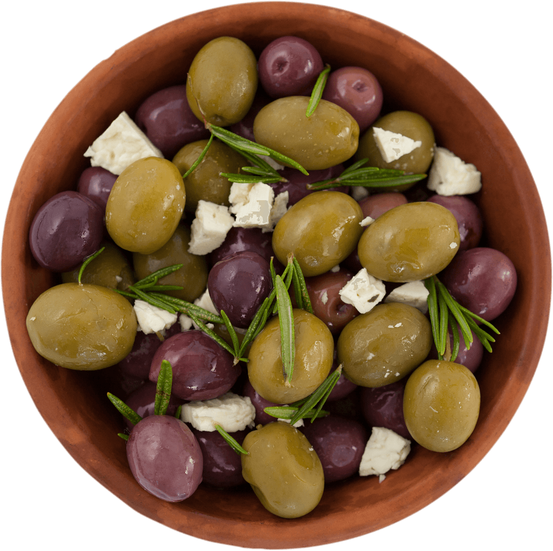 Transparent Bowl of Mixed Olives with Cheese and Rosemary