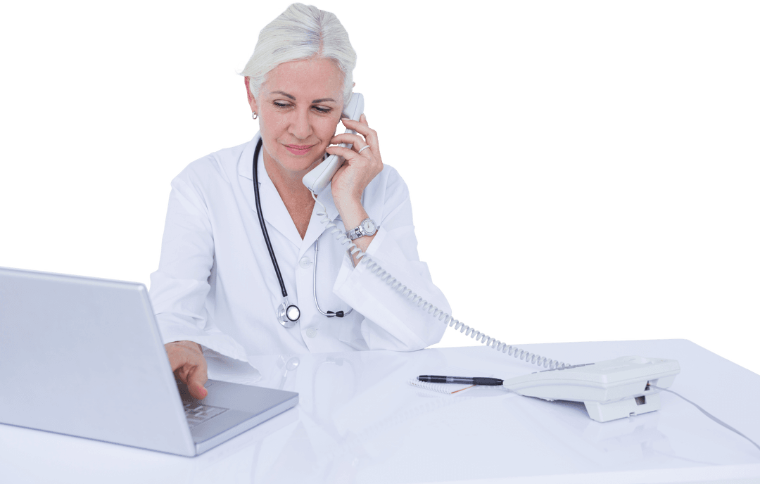 Professional Female Doctor Using Laptop While On Phone Call, Transparent Background