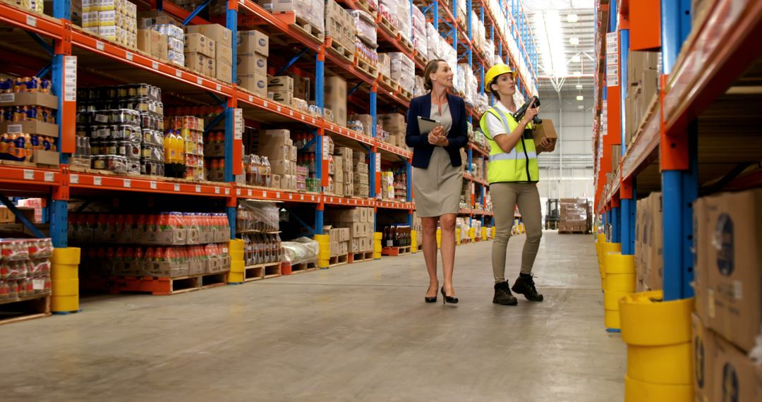 Female warehouse supervisors viewing stock inventory in large storage facility - Free Images, Stock Photos and Pictures on Pikwizard.com